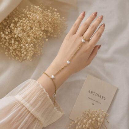 Pearl Heart Hand Chain Bracelet – Stainless Steel Ring & Bracelet Set