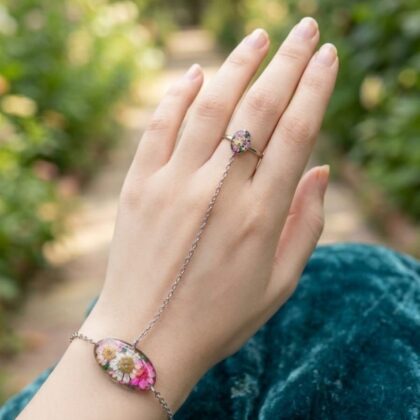 Stainless Steel Pink Floral Resin Hand Harness Bracelet with Ring