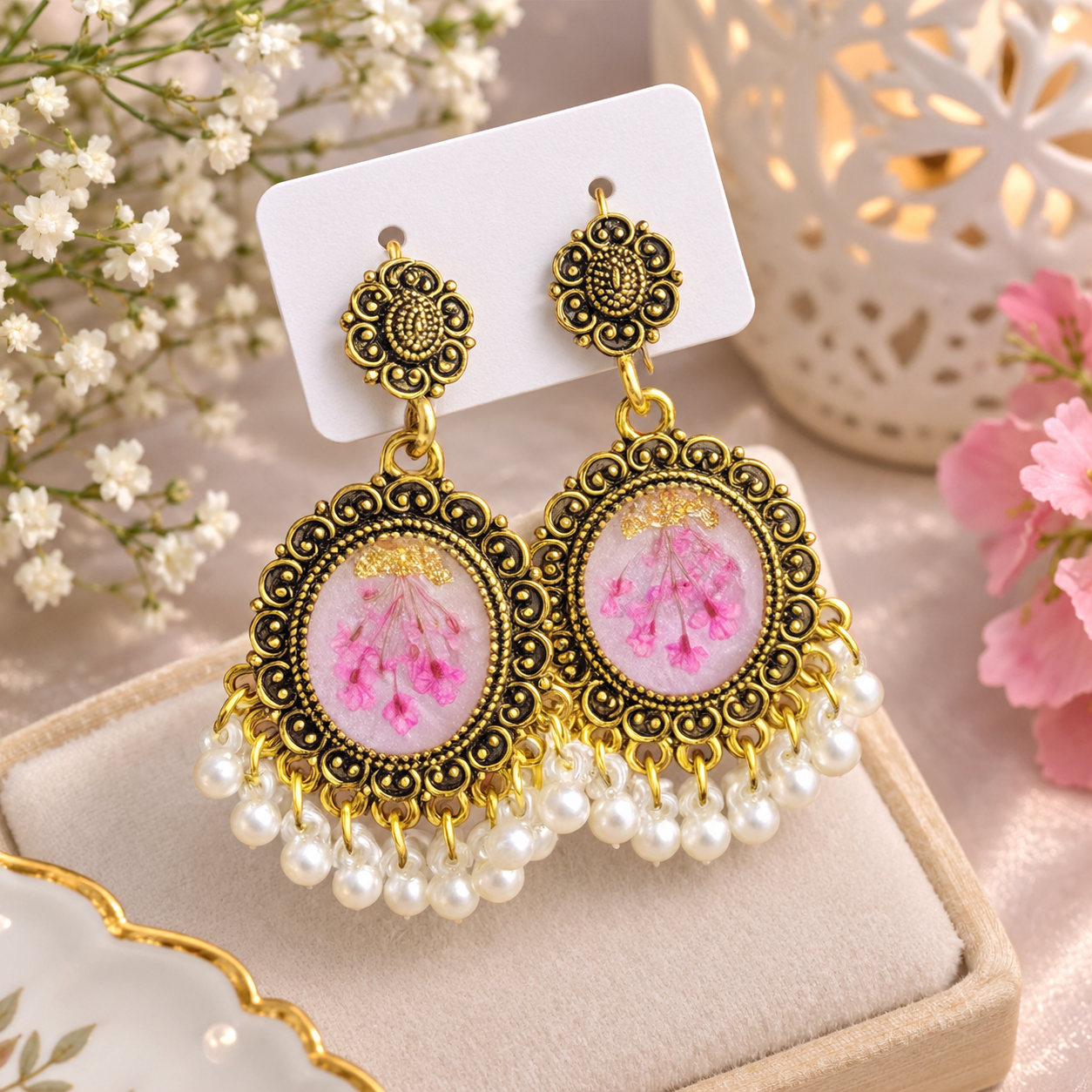 Antique Oval Pink Floral Jhumka Earrings - Image 2