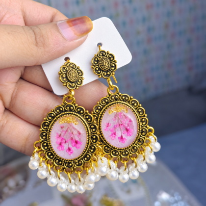 Antique Oval Pink Floral Jhumka Earrings