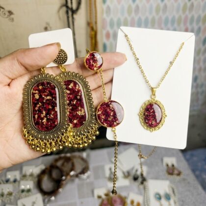 Preserved Red Rose Petal Resin Jewellery Set (Jhumkas,Ring Bracelat & Chain)