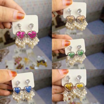 Mini Heart Charm Stone & Pearl Beaded Earrings (Multiple Flowers Color Available)