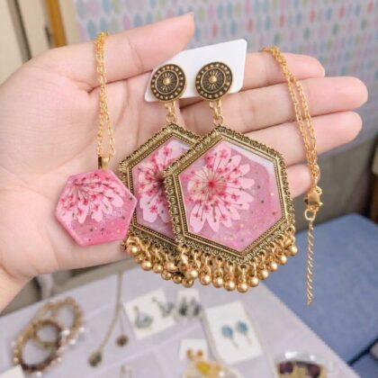 Pink Floral Resin Necklace & Jhumka Earrings Set