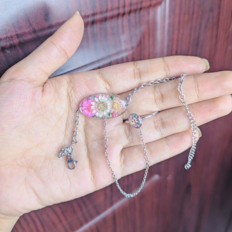 Stainless Steel Pink Floral Resin Hand Harness Bracelet with Ring - Image 2