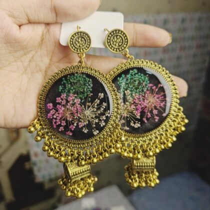 Antique Black Blossom Resin Earring Jhumka  Pearl & Bead Tassels (Silver & Gold Available)