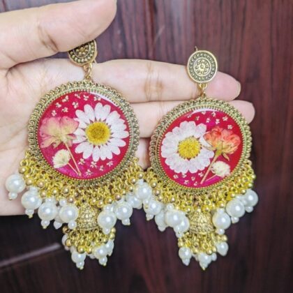 Antique Real Flowers Crimson Red Jhumka Pearl & Bead Tassels (Gold Available)