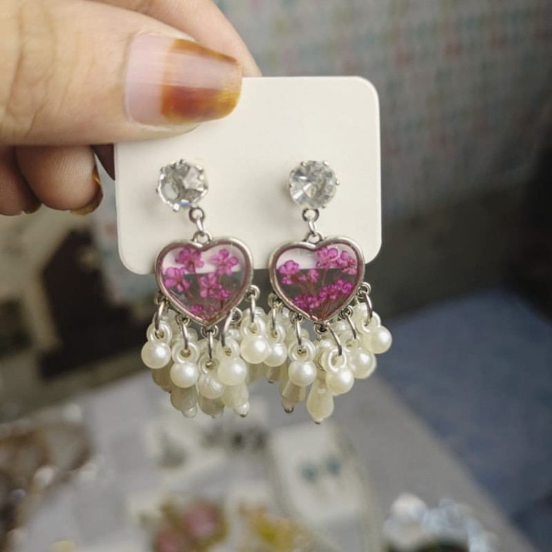 Mini Heart Charm Stone & Pearl Beaded Earrings (Multiple Flowers Color Available) - Image 3