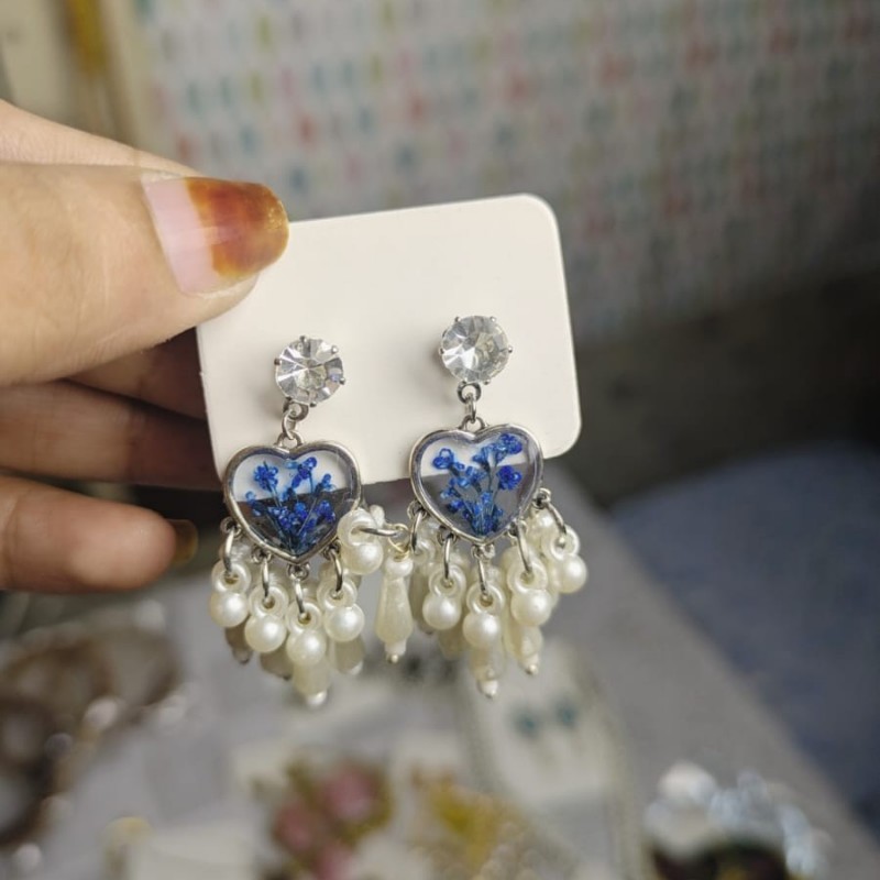 Mini Heart Charm Stone & Pearl Beaded Earrings (Multiple Flowers Color Available) - Image 5